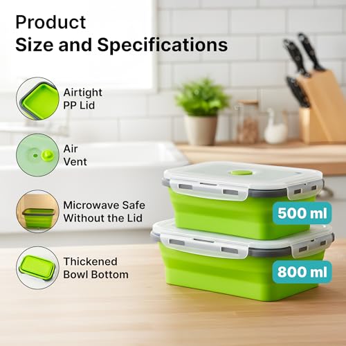 Image of The Better Home | Lunch Boxes | Food Grade Silicone | Airtight Lid Foldable Lunch Box for Kids Office School | Pack of 2 | 500ml 800ml | Lightweight Microwave Safe | Green