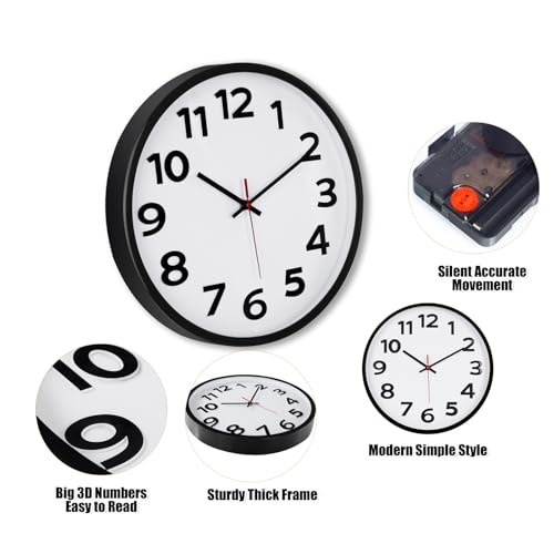 Keepcross 14 Inch Wall Clock Battery Operated Silent Non-Ticking, 3D Big Numbers Easy to Read, Analog Quartz Round Clock - Image 5