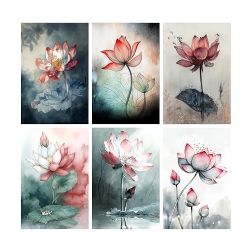 Image of SiddArtify Lotus Flower Wall Art Prints Set - Botanical Poster Decor for Living Room Bedroom Office - 12x18 inch Sticker Pack of 6