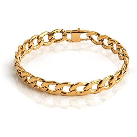 Forge & Foundry Men's Curb Chain Linked Bracelet | Polished 18K Yellow Gold Over Solid Stainless Steel (8mm width) | Minimalist Designer Jewelry, Forged for Men, M, Stainless Steel Cover