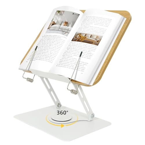 Silvotek Book Stand – Wooden Panel 360° Rotating Reading Stand with Aluminium Alloy Base and Arm, Adjustable Height Cookbook, iPad and Hardcover Books