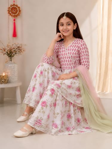Image of Preneum Girl's Cotton Rayon Floral Printed Angrakha Kurta with Sharara & Dupatta