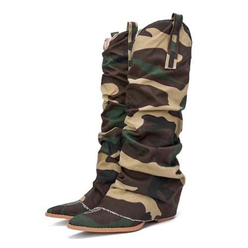 Saint Leia Women's Fashion Pleated Fold Over block heel mid calf boots Casual Ruched Covered Wedge Pointed Toe Knee High Boots2