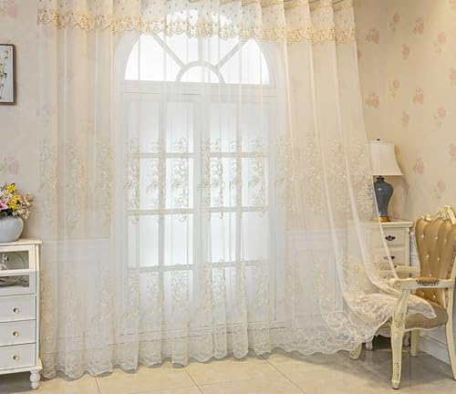 Beydodo Curtains 54 Inches Long 2 Panels Set, Privacy Sheer Curtains for Bedroom Pinch Pleat, Yarn with Lace Embroidered, Polyester, 40 x 54 inch