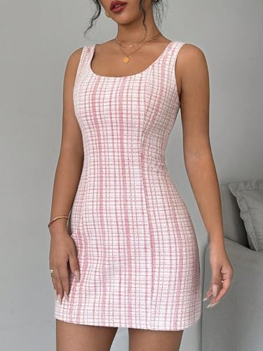 Image of Womens Summer Short Elegant Dresses Bodycon Formal Plaid Pencil Scoop Neck Dresses for Women 2025