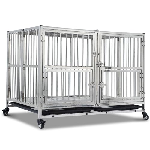 48-in Heavy Duty Dog Crate Cage Kennel with Wheels, Full Stainless Steel High Anxiety Indestructible Dog Crate, Sturdy Locks Design, Double Door Small Door Design & Removable Tray Design Silver
