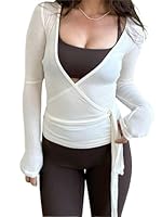 Felcia Frauen Y2k Ballett Wrap Top Langarm Tiefer V-Ausschnitt Slim Fit Yoga Pilates Ballet Workout Tops Frühling Kleidung (A-White, S)