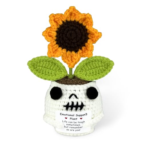 Funny Positive Energy Crochet Sunflower, Halloween Decorations Indoor Gifts, Cute Sunflower Gift for Spooky Season, Happy Home Office Decor Handmade Sunflowers Crochet Doll for Women Men Friend 