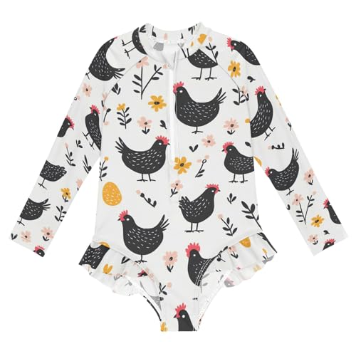 CHIFIGNO Chickens Eggs One Piece Swimsuits Girls Rash Guard Long Sleeve Ruffles Swimwear 3T