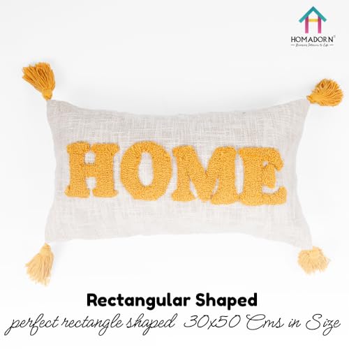 Image of HOMADORN 100% Cotton Text Pattern Handtufted /Embroided Decorative Cushion Cover (12X20 Inches) (2, Home Yellow)