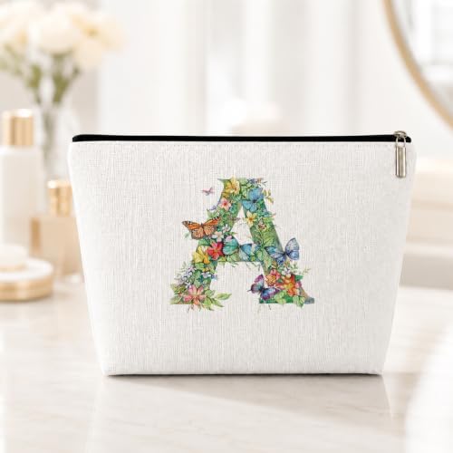 Initial Makeup Bag, Bridesmaid Gifts Floral Butterfly Travel Pouch, Personalized Gifts Lined Cosmetic Bag Toiletry Bag, Bridal Shower Monogrammed Gifts for Women Girls Sisters Makeup Pouch, Letter A