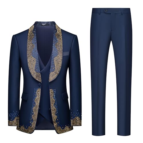 Mens Suit Slim Fit Shawl Lapel Hot Fix Rhinestone Exquisite Tuxedo Blazer Vest Pants Prom Party Banquet Performance