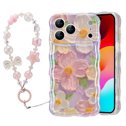 Coque fleur iPhone 17 Pro antichoc élégante avec bracelet perles contre les chutes