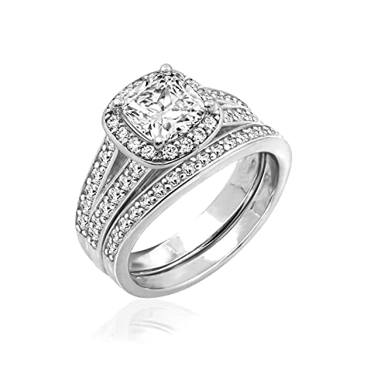 Platinum-Plated Sterling Silver Halo Ring set with Cushion Cut Swarovski Zirconia (2.41 cttw), Size 8