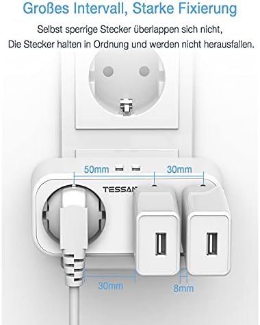 TESSAN Podwójne gniazdko elektryczne, gniazdo USB z 2 USB, 5 w 1, wiele gniazd 3 Fach Multiple Plug do gniazdka elektrycznego z ładowarką USB, potrójny rozgałęźnik gniazdka