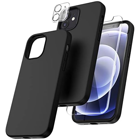 TOCOL 5 in 1 for iPhone 12 Case/iPhone 12 Pro Case 6.1", with 2 Pack Screen Protector + 2 Pack Camera Lens Protector, Liquid Silicone Slim Shockproof Cover [Anti-Scratch] [Drop Protection], Black Cover
