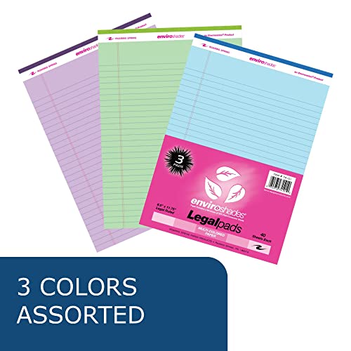 Roaring Spring Enviroshades Recycled Colored Legal Pads, 3 Pack, 8.5" X 11.75" 40 Perforated Sheets, Orchid (Purple), Blue, Green #TOP3