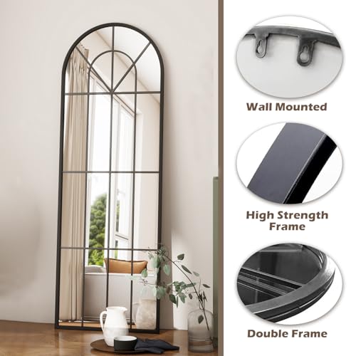 Image of Dewfig Arched Windowpane Floor Mirror, 65 inchx 22 inch Full Length Mirror, Black
