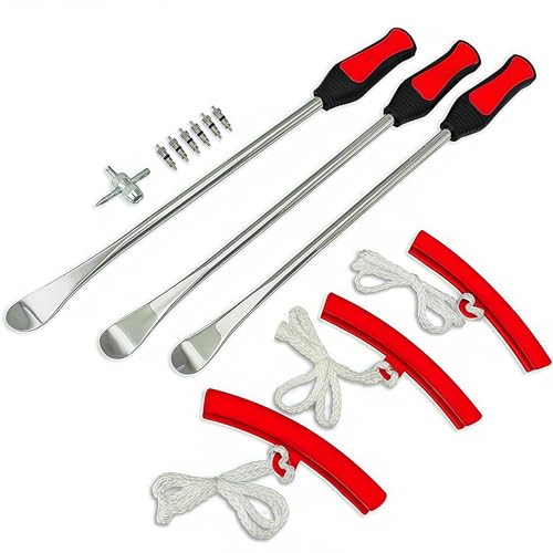 GlideSpark 14.5” Steel Tire Spoons Tool Set - Tire Removal Tool, Motorcycle Tire Changer, Tire Changing Kit with 3 Piece Tire Spoons and Rim Protector, 6 Piece Valve Cores, Dirt Bike Tire Changing Kit