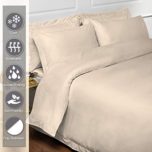 Pizuna 400 Thread Count Cotton Queen Duvet Cover Set, 100% Long Staple Cotton Beige Full Bed Set, Luxury Soft Sateen Quilt Cover with Button Closure (Beige Queen Bedding Sets) - Thumbnail 2