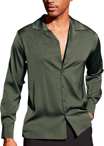 Image of CB-COLEBROOK Men Luxury Satin Silk Dress Shirt - Long Sleeve, Satin, Shiny Button Down, Prom, Wedding Party Shirt