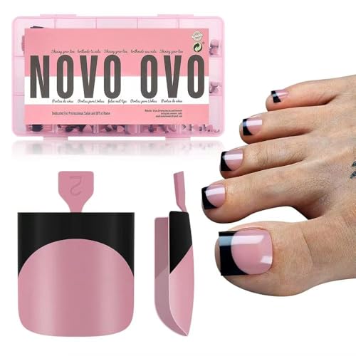 NOVO OVO Halloween Black French Tip Toe Nail Tips Press on, BERRY PINK Sharp Square Pre-Designed Soft Gel False Toenail Extension, Medium Fake Toenails, Full Cover Acrylic for DIY 15 Sizes 240 pcs