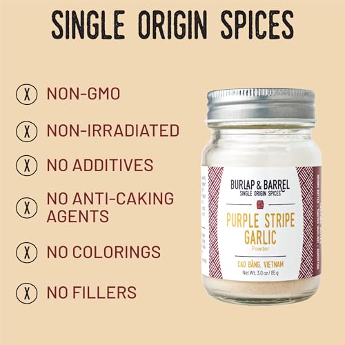 Burlap & Barrel Purple Stripe Garlic - Alternative to Fresh/Granulated Garlic- Savory Sweet Flavor to Tomato Sauces, Fried Chicken, Pizza - As Seen on Shark Tank - 3oz Glass Jar