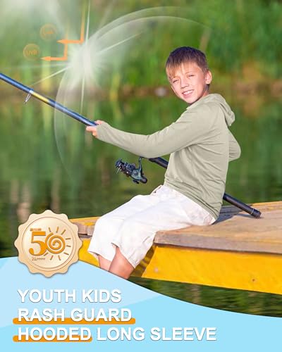 Image of Roadbox Boys Rash Guard UPF 50+ Sun Hoodie Kids Fishing Shirt Long Sleeve