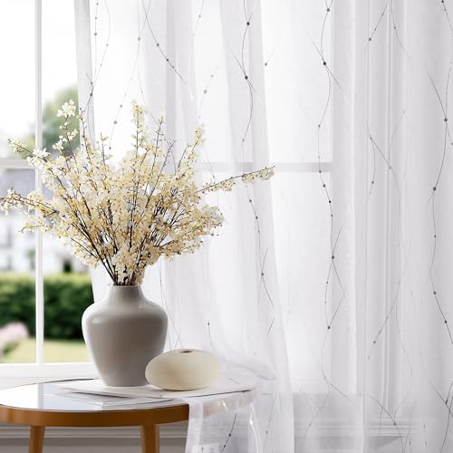 Deconovo Oeko-TEX Certified Sheer Foil Print Curtains – 2 Panels, Grommet Top – Elegant Light-Filtering Drapes for Living Room & Bedroom, Airy Privacy & Easy Care White & Silver Silver 52W x 84L Inch