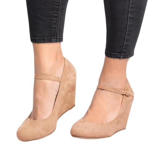 Image of Coutgo Womens Wedge Pumps Dressy Mary Jane Shoes Comfort Wedges Closed Toe Ankle Strap Heeled Shoes