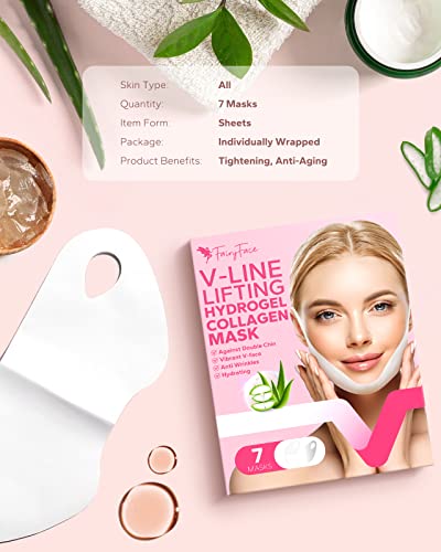 Fairyface V Line Shaping Face Masks (7 Count), Double Chin Reducer, Lifting Hydrogel Collagen Mask With Aloe Vera And Seaweed, Anti-Aging And Anti-Wrinkle Masks #TOP6