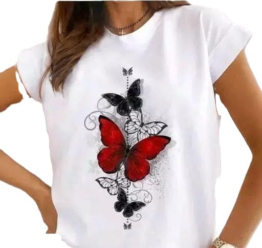 Women's White Printed Round Neck Half Sleeve Polyester T Shirt Casual Regular Fit Daily-picture-25