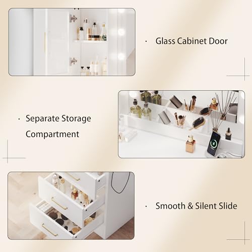 Image of Makeup Vanity Desk with Mirror and Lights, Makeup Vanity Table with Lighted Mirror, Nightstand Dressing Table with Mirror and Lights, 51 inch Big Vanity with 6 Drawers & Lots Storage Space for All Girls