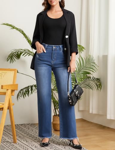 JK SUE JONES Wide Leg Jeans for Women Mid High Waist Straight Leg Boyfriend Mom Denim Pants Frayed Raw Hem4