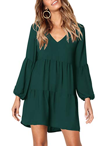 Amoretu Women Long Sleeve Tunic Dress V Neck Swing Shift Dresses(Green,Medium)