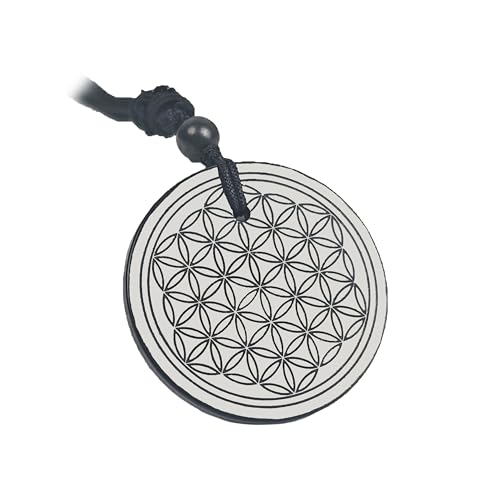 Shungite Pendant 35mm ? Natural Crystal Necklace with Flower of Life Engraving ? Round Polished Stone Amulet with Adjustable Cor
