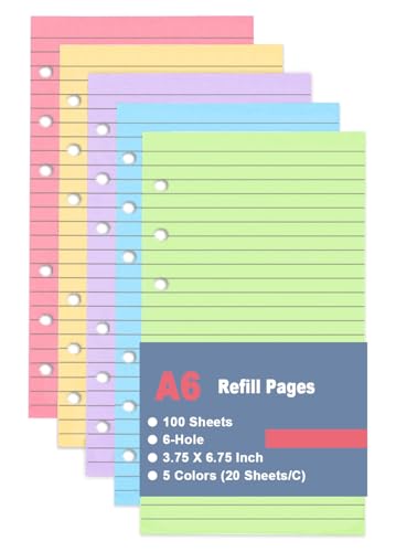 A6 Lined Paper Refill 6 Ring, A6 Filler 5 Colorful Line Paper Filofax Personal Binder Planner, 100gsm Ruled Pages, 100 Sheets/200 Pages, Per Color 20 Sheets, 3.75 x 6.75 In