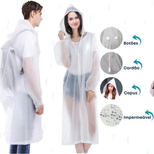 Capa De Chuva Transparente Impermeável Grossa Capuz Adulto Plástico EVA 114x65