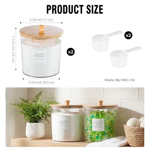 Sanllusit Laundry Room Organization Container, 2pcs Round Acrylic Laundry Pod Storage Containers, Dryer Sheet Holder Jars with Bamboo Lids and Labels for Scent Booster Powder Detergent Pods Storage by Sanllusit - Image 6