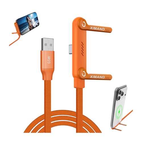 Image of Invisible Holder Charger Cable, 65W PD Fast Charging Cable for Desk, USB-A & Type-C to Cable 4.9 FT with 360 Adjustable Metal Stand, 2 in 1 Holder Charger for Gaming, Office, Home, Orange, 1 pack