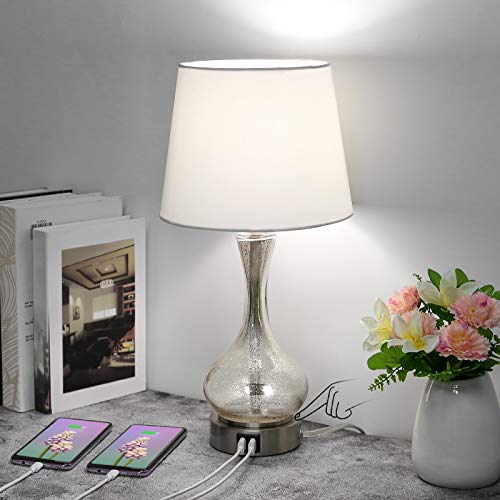 3 Way Dimmable Touch Control Table Lamp, Silver Mercury Lamp with Dual USB Ports, Modern Nightstand Lamp with Crackled Gourd Glass Base, Bedside Light for Bedroom, Living Room, A19 LED Bulb Included