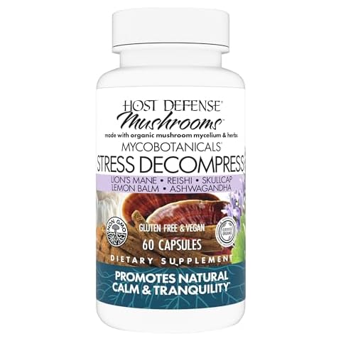 Host Defense MycoBotanicals Stress Decompress* Capsules - Mushroom Supplement with Lemon Balm & Ashwagandha Root - Relaxation Capsules with Reishi, Lion's Man & Skullcap - 60 Capsules (30 Servings)* Cover