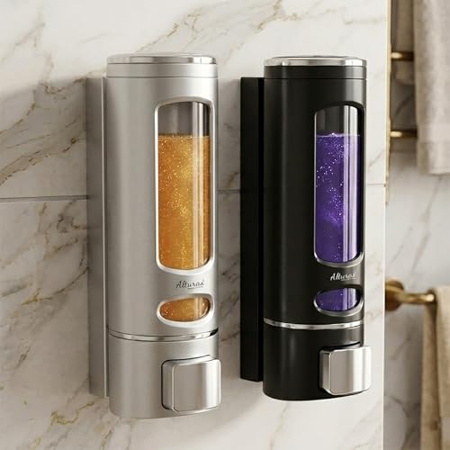Image of ALTURAS Wall Mounted Liquid Soap Dispenser, ABS, 400 ML, for Shampoo, Sanitizer and Gel Handwash Dispenser (400 ML Black and Silver)