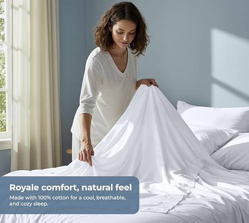 Image of ROYALE LINENS 100% Organic Cotton Queen Sheet Set - Percale Weave - 4 Pieces Set - 1 Flat, 1 Deep Pocket Fitted Sheet and 2 Pillowcases - White Bed Sheets - Sabanas Queen - Crisp Cool (White)