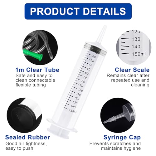 150ml Spritze mit Schlauch,Plastikspritze mit Kappe,Große Spritze Wiederverwendbar,Großer Kapazität Spritzen,Einzeln Versiegelte Spritzen für Labor,Industrie,Haustierfütterung (150/250/350/550 ml)