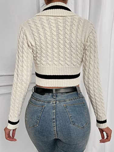 Wdirara Women's Striped V Neck Cable Knit Sweater Asymmetrical Hem Long Sleeve Crop Top Beige And Black S #TOP1