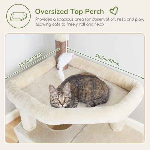 Image of Globlazer F74B Cat Tree for Indoor Cats Large Adult, Multi-Cat, Beige | Easy Setup, 74in Tall Tower, Oversized Top Perch, 2 Large Condos, Hanging Basket, 5 Sisal Scratching Posts, Anti-Topple Strap