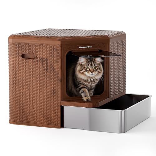 Gardner Pet Arenero Gato Cerrado con Fondo Extraíble (Acero Inoxidable 304) – Diseño Estilizado para Hogar, Material PP Reciclable, Filtración Anti-Olores, Dimensiones 50x50x50 cm, Color Madera Oscura