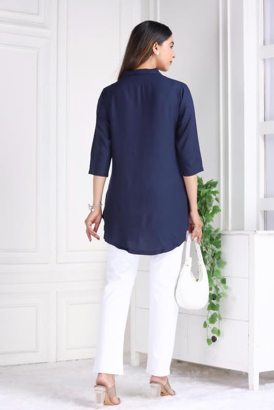 Image of Mlada Rayon Flare Top for Women | 3 /4th Sleeve Regular Fit and Flare Top | Women Office Tops Tunic | Western Long Shirt Top for Women | Shirt Collar Top for Women | Rayon Tunic Tops for Women Western
