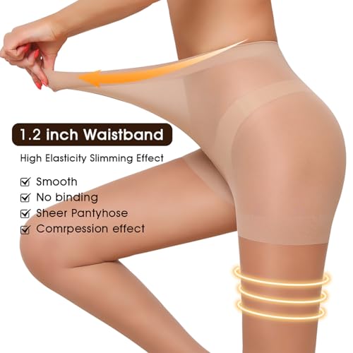 Image of Women's Sheer Tights 20D High Waist Control Top Pantyhose with Reinforced Toes 2 Pairs